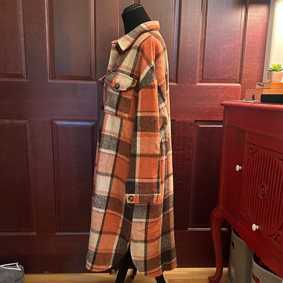 Plaid Longline Shacket in Orange and Brown - Picture 2 of 3